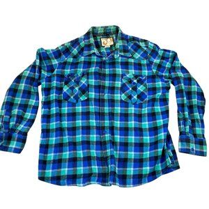 Vintage OP Ocean Pacific Mens Button Down Shirt 2XL Blue Green Plaid Flannel